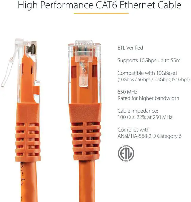 Alt view image 2 of 5 - 15ft CAT6 Ethernet Cable - Orange CAT 6 Gigabit Ethernet Wire -250Mhz 100W PoE RJ45 UTP Molded Network Patch Cord with Strain Relief (C6PATCH15OR)