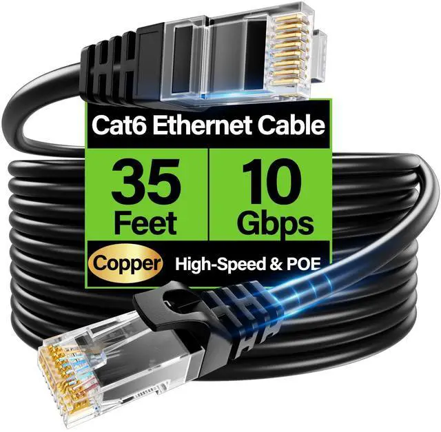 Main image of Cat6 Ethernet Cable 10Gbps 35 ft, UTP Ethernet Cable Cat 6, Flexible Bare Copper Cat6 Cable, Cat 6 Network Cable for Server, Data Center, Black