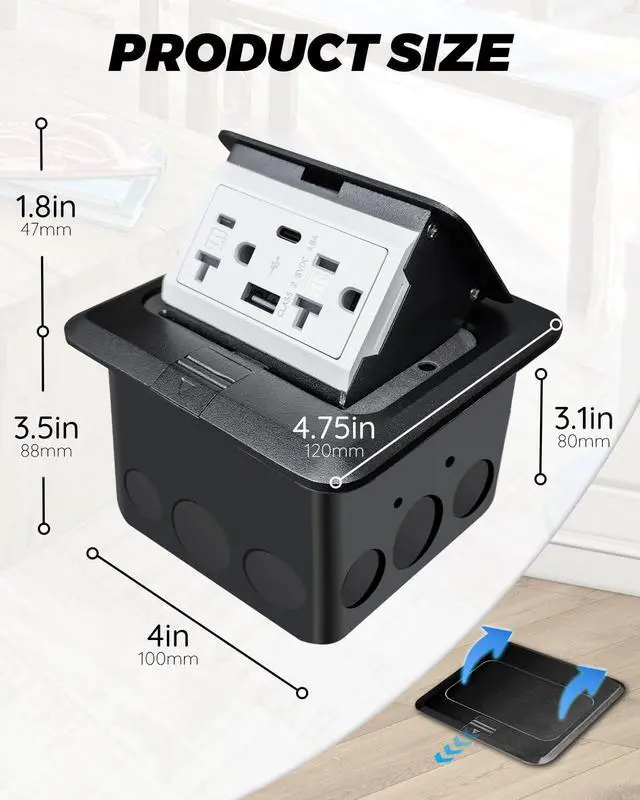 Alt view image 6 of 7 - Floor Pop up Outlet for Kitchen countertop, Electrical Floor Box with 20Amp Socket USB Chargers 5V4.8A,Waterproof Stainless Steel Cover Recessed Outlet Box