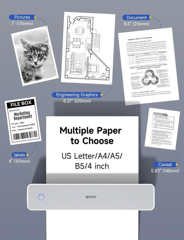 Alt view image 4 of 7 - MT610 Pro Portable Thermal Printer, 300DPI HD Mobile-Travel-Printers, Inkless-Wireless-Small-Printer for Home Use, Office, Vehicles, Bluetooth Printers Supports 8.5" x 11" US Letter&A4&A5, White