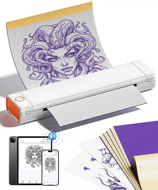 Main image of M08F Wireless Tattoo Stencil-Printer - Tattoo Transfer Machine Thermal Copier with 10pcs Transfer Paper, Bluetooth Stencial Printer for Tattooing, Compatible with Smartphone & PC, White