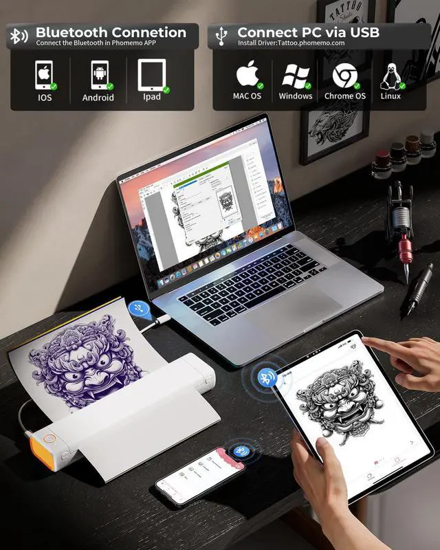 Alt view image 2 of 6 - M08F Wireless Tattoo Stencil-Printer - Tattoo Transfer Machine Thermal Copier with 10pcs Transfer Paper, Bluetooth Stencial Printer for Tattooing, Compatible with Smartphone & PC, White