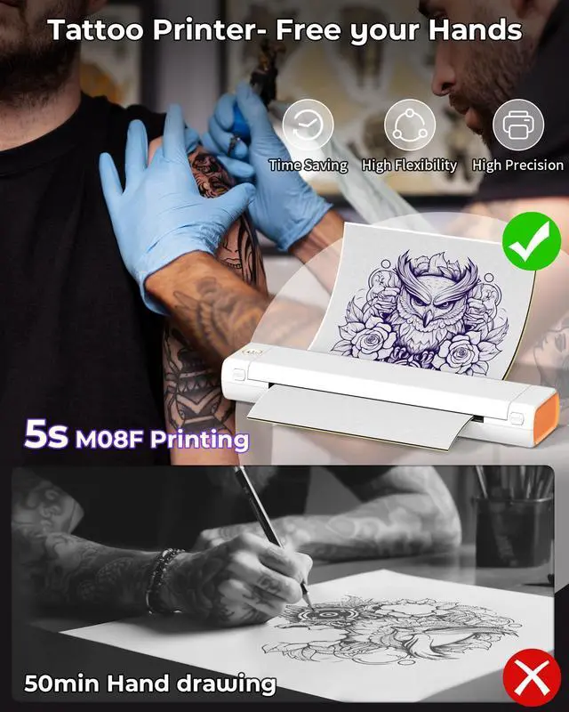 Alt view image 3 of 6 - M08F Wireless Tattoo Stencil-Printer - Tattoo Transfer Machine Thermal Copier with 10pcs Transfer Paper, Bluetooth Stencial Printer for Tattooing, Compatible with Smartphone & PC, White