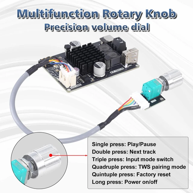 Alt view image 4 of 7 - Bluetooth Amplifier Board 100W, with IPEX Antenna Connector (DC 9-24V) TPA3116 Mono Audio Amp, with TWS Pairing, AUX/USB/Bluetooth Input, Wired Volume Control for Speaker DIY, Car & Home Audio