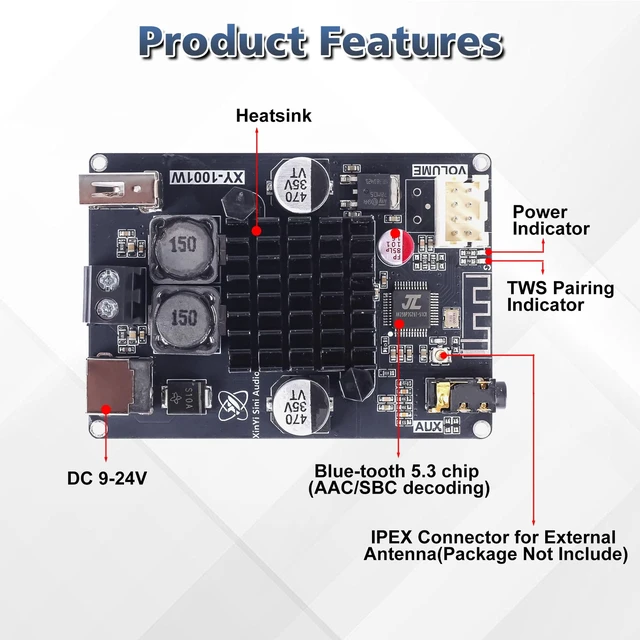 Alt view image 3 of 7 - Bluetooth Amplifier Board 100W, with IPEX Antenna Connector (DC 9-24V) TPA3116 Mono Audio Amp, with TWS Pairing, AUX/USB/Bluetooth Input, Wired Volume Control for Speaker DIY, Car & Home Audio