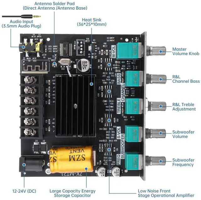 Alt view image 3 of 7 - Bluetooth Power Amplifier Board with Subwoofer 2.1 Channel 50W x 2+100W DC 12V-24V Audio Power Amplifier Module for DIY Bluetooth Audio and Store Home Theater with Treble and Bass Control