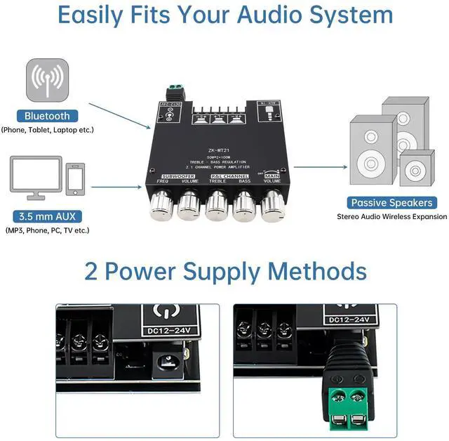 Alt view image 4 of 7 - Bluetooth Power Amplifier Board with Subwoofer 2.1 Channel 50W x 2+100W DC 12V-24V Audio Power Amplifier Module for DIY Bluetooth Audio and Store Home Theater with Treble and Bass Control