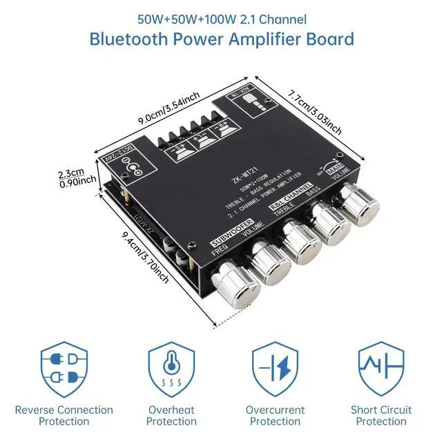 Alt view image 5 of 7 - Bluetooth Power Amplifier Board with Subwoofer 2.1 Channel 50W x 2+100W DC 12V-24V Audio Power Amplifier Module for DIY Bluetooth Audio and Store Home Theater with Treble and Bass Control