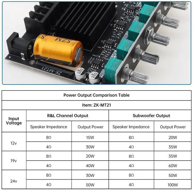 Alt view image 6 of 7 - Bluetooth Power Amplifier Board with Subwoofer 2.1 Channel 50W x 2+100W DC 12V-24V Audio Power Amplifier Module for DIY Bluetooth Audio and Store Home Theater with Treble and Bass Control