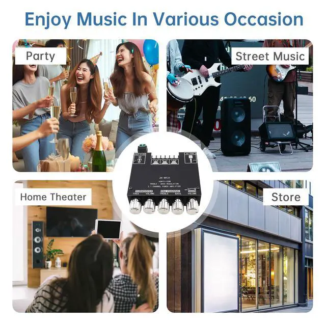 Alt view image 7 of 7 - Bluetooth Power Amplifier Board with Subwoofer 2.1 Channel 50W x 2+100W DC 12V-24V Audio Power Amplifier Module for DIY Bluetooth Audio and Store Home Theater with Treble and Bass Control