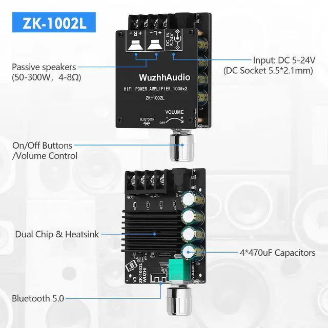 Alt view image 6 of 7 - ZK-1002L 200W Audio Power Amplifier Board with Bluetooth and AUX Inputs, 2.0 Channel Stereo Mini Power Amplifier Receiver Module for Home DIY Speakers System, DC 5-24V