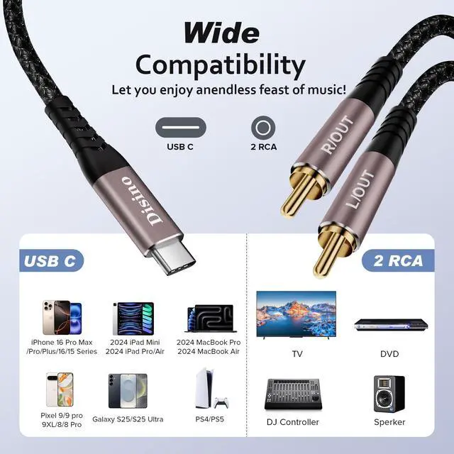 Alt view image 2 of 6 - USB C to RCA Audio Cable, Type C to Dual RCA/Phono Jack Stereo Y Splitter Cord Adapter for Smartphone, Tablet, Laptop Link Amplifier, Mixing Console Mixer, Speaker - 3.3Feet