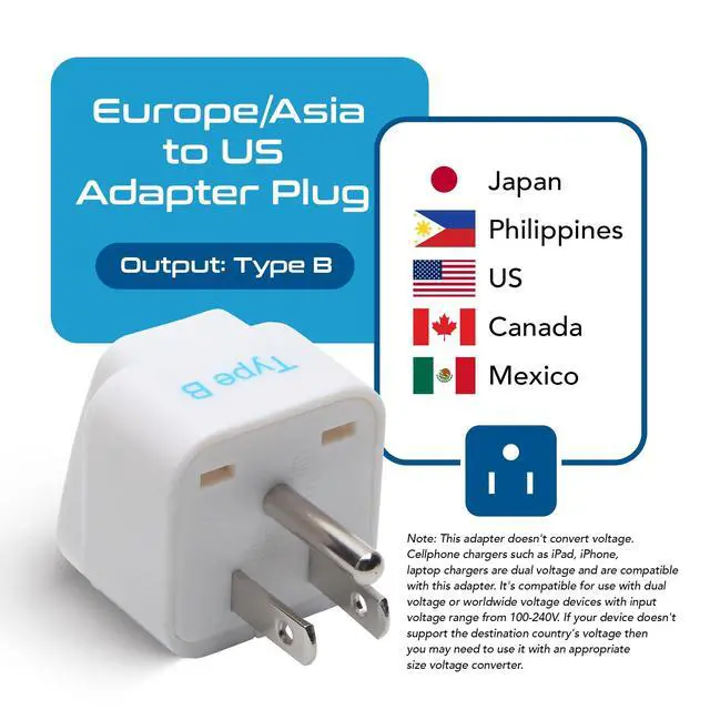 Alt view image 6 of 7 - Europe to US Plug Adapter, Ceptics Type B UK to USA Plug Adapter, EU to US Adapter Plug, Compatible with Plugs from Europe, India and Other, India to US Plug Adapter, GP-5-3PK - White