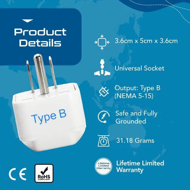 Alt view image 6 of 7 - Europe to US plug adapter, Type B USA Plug adapter compatible with plugs from Europe, India, and other countries - India to USA plug adapter is CE Certified & RoHS Compliant, White, 3 Pack
