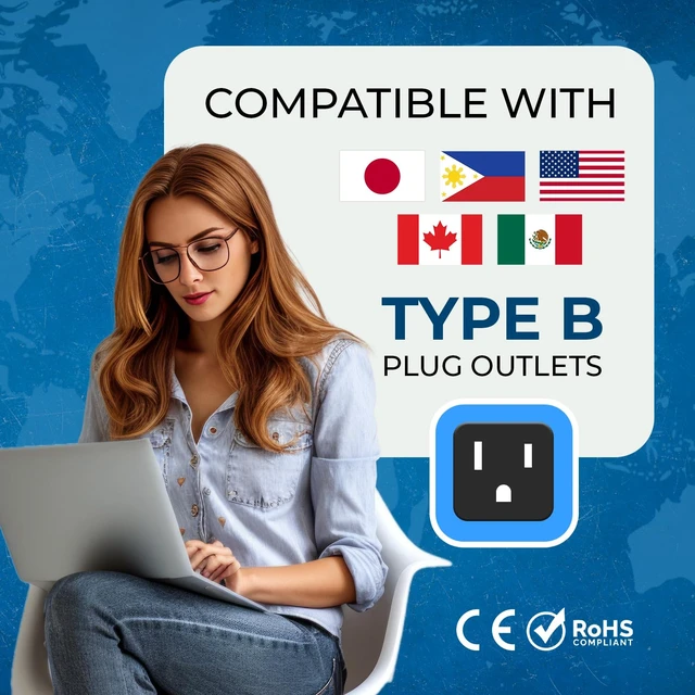 Alt view image 5 of 7 - Type B Plug Adapter 4 Pack Europe, UK & China to USA, Grounded | Europe to US Plug Adapter, UK to US Plug Adapter, Type B Adapter, Universal Socket, Grounded 4-Pack, DB5_4PK_BLK