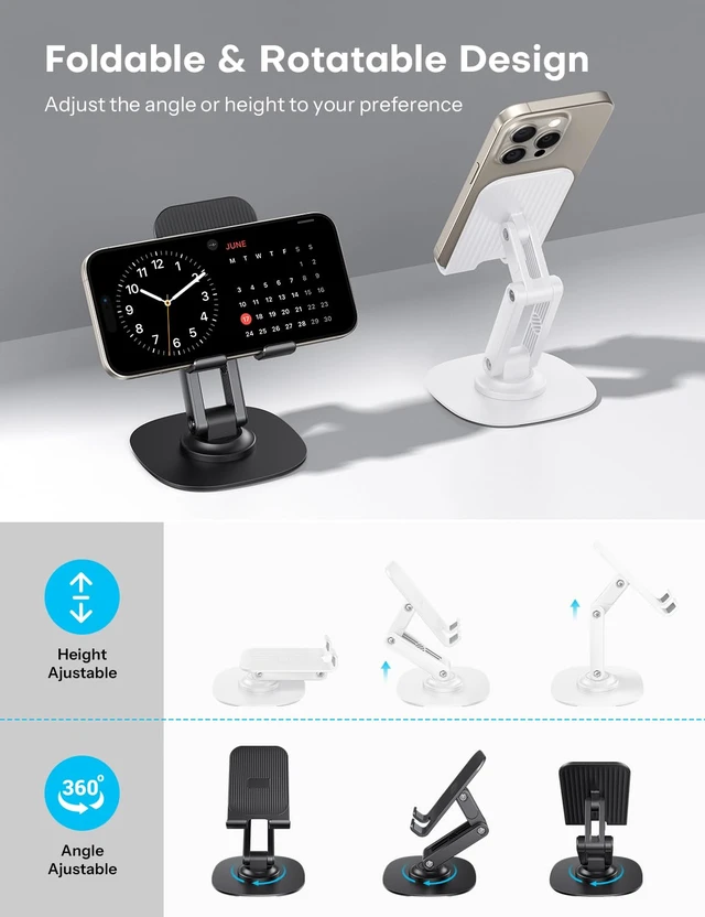 Alt view image 2 of 7 - Cell Phone Stand for Desk, 2 Pack Adjustable Foldable Phone Holder, 360 Swivel Mobile Stand Fit for iPhone 17 16 15 14 13 Pro Max and All Smart Phones, Black & White