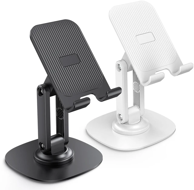 Main image of Cell Phone Stand for Desk, 2 Pack Adjustable Foldable Phone Holder, 360 Swivel Mobile Stand Fit for iPhone 17 16 15 14 13 Pro Max and All Smart Phones, Black & White
