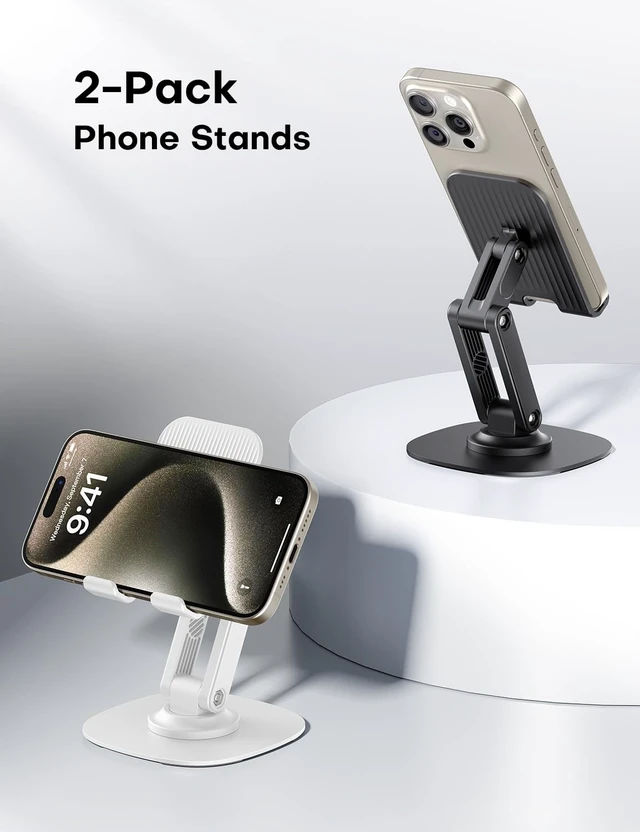 Alt view image 6 of 7 - Cell Phone Stand for Desk, 2 Pack Adjustable Foldable Phone Holder, 360 Swivel Mobile Stand Fit for iPhone 17 16 15 14 13 Pro Max and All Smart Phones, Black & White