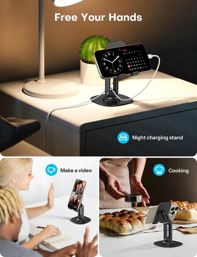 Alt view image 7 of 7 - Cell Phone Stand for Desk, 2 Pack Adjustable Foldable Phone Holder, 360 Swivel Mobile Stand Fit for iPhone 17 16 15 14 13 Pro Max and All Smart Phones, Black & White