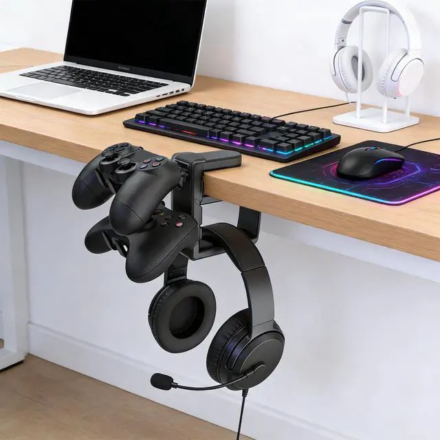 Alt view image 5 of 5 - Controller Holder & Headphone Stand,3-in-1 Rotatable Under Desk Hook Compatible with PS5/Xbox,Dual Game Controller Stand & Headset Hanger, Gaming Desk Organizer (Black)