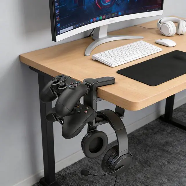 Alt view image 4 of 5 - Controller Holder & Headphone Stand,3-in-1 Rotatable Under Desk Hook Compatible with PS5/Xbox,Dual Game Controller Stand & Headset Hanger, Gaming Desk Organizer (Black)