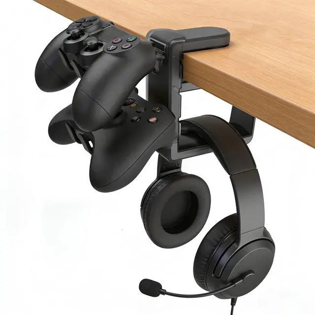 Main image of Controller Holder & Headphone Stand,3-in-1 Rotatable Under Desk Hook Compatible with PS5/Xbox,Dual Game Controller Stand & Headset Hanger, Gaming Desk Organizer (Black)