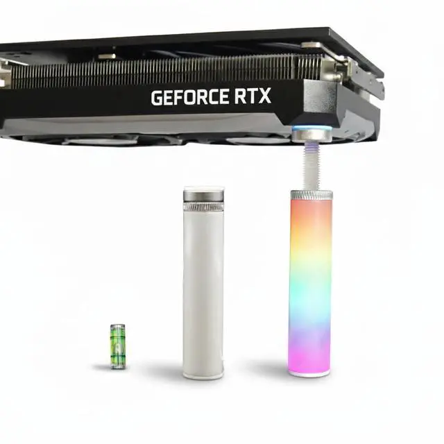 Main image of GPU Support Bracket. ARGB Sync Color. Adjustable Length 3 to 5 inch. Rubber Pad. Compatible All GPU Brands. Works with ATX, E-ATX, M-ATX Case. Include Leveling Tool. Graphic Card Stand.