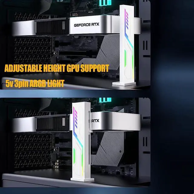 Alt view image 2 of 7 - White Graphics Card Support Bracket ARGB VE180-White, GPU Stand Brace Sag Holder Black with Adjustable Slide Height, Built-in 5v 3pin ARGB, Vertical Type Rubber Pad Magnetic Base (White)