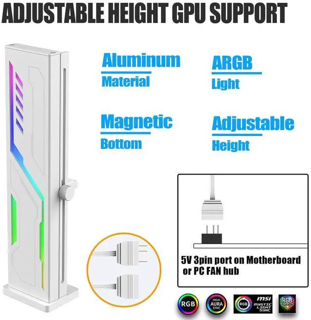 Alt view image 3 of 7 - White Graphics Card Support Bracket ARGB VE180-White, GPU Stand Brace Sag Holder Black with Adjustable Slide Height, Built-in 5v 3pin ARGB, Vertical Type Rubber Pad Magnetic Base (White)