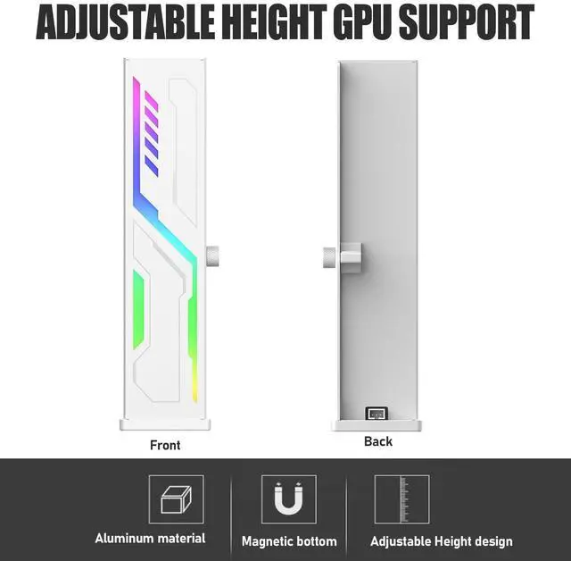 Alt view image 4 of 7 - White Graphics Card Support Bracket ARGB VE180-White, GPU Stand Brace Sag Holder Black with Adjustable Slide Height, Built-in 5v 3pin ARGB, Vertical Type Rubber Pad Magnetic Base (White)