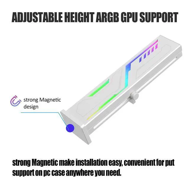 Alt view image 6 of 7 - White Graphics Card Support Bracket ARGB VE180-White, GPU Stand Brace Sag Holder Black with Adjustable Slide Height, Built-in 5v 3pin ARGB, Vertical Type Rubber Pad Magnetic Base (White)