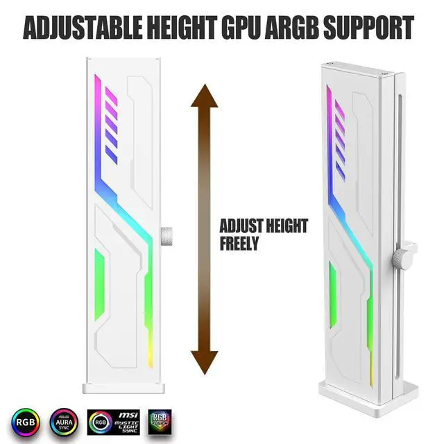 Alt view image 7 of 7 - White Graphics Card Support Bracket ARGB VE180-White, GPU Stand Brace Sag Holder Black with Adjustable Slide Height, Built-in 5v 3pin ARGB, Vertical Type Rubber Pad Magnetic Base (White)