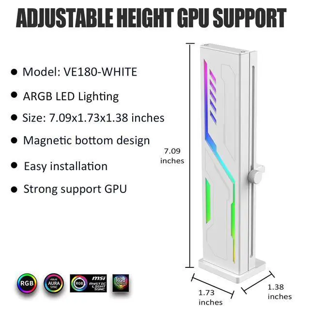 Alt view image 5 of 7 - White Graphics Card Support Bracket ARGB VE180-White, GPU Stand Brace Sag Holder Black with Adjustable Slide Height, Built-in 5v 3pin ARGB, Vertical Type Rubber Pad Magnetic Base (White)