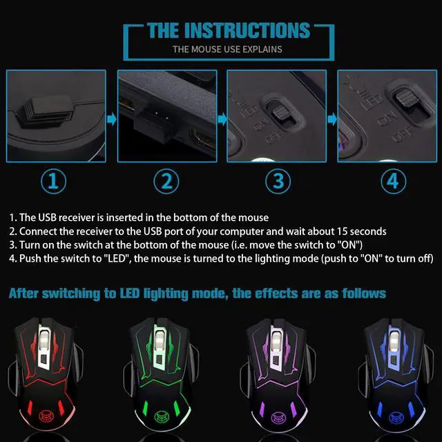 Alt view image 4 of 5 - Wireless Gaming Mouse, Silent Click Wireless Rechargeable Mice with Colorful LED Lights & 3-Level DPI Adjustable, 6 Buttons Mouse with Side Buttons & Thumb Rest, Computer Gamer Mouse for PC
