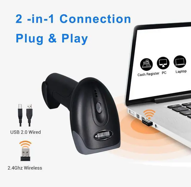 Alt view image 2 of 7 - 1D 2D QR Barcode Scanner Wireless, Handheld Cordless Bar Codes Reader