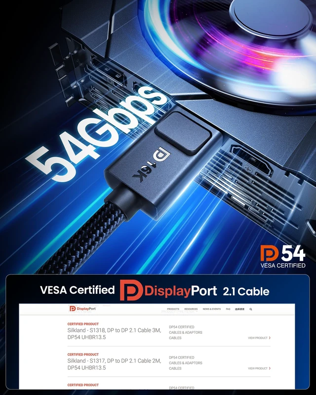 Alt view image 4 of 7 - Silkland 54Gbps DisplayPort Cable 2.1, VESA Certified, Secure Latch, 10 ft | 8K@165Hz, 4K@480Hz 360Hz 240Hz, DP 2.1 Cable 16K, DP54 HDR DSC 1440P Compatible G-Sync Gaming Monitor 5090 7900XTX