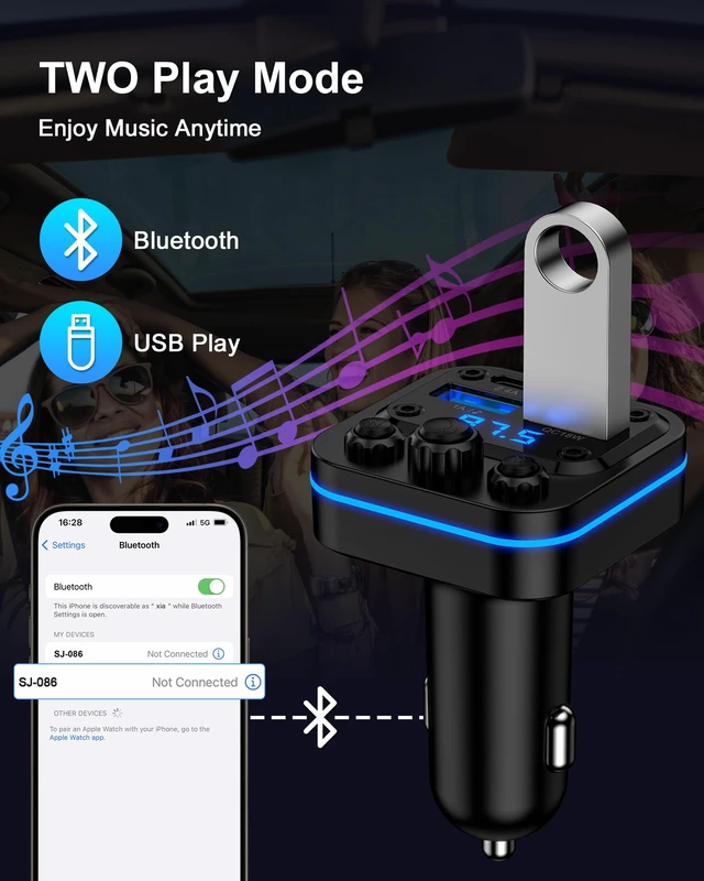 Alt view image 3 of 7 - Bluetooth Fm Transmitter for Car, Fast Charging, Blue Tooth 5.4 Car Charger | USB-C USB-A Multi Ports, Wireless Radio Aux Cigarette Lighter Adapter Auxiliary for Samsung Galaxy Android iPhone Apple
