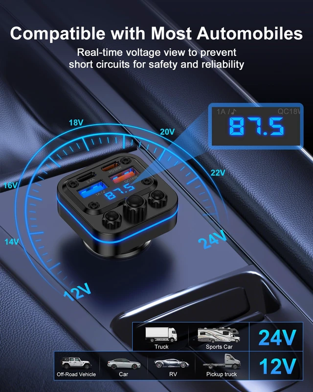 Alt view image 7 of 7 - Bluetooth Fm Transmitter for Car, Fast Charging, Blue Tooth 5.4 Car Charger | USB-C USB-A Multi Ports, Wireless Radio Aux Cigarette Lighter Adapter Auxiliary for Samsung Galaxy Android iPhone Apple