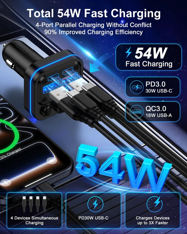 Alt view image 4 of 7 - Bluetooth Fm Transmitter for Car, Fast Charging, Blue Tooth 5.4 Car Charger | USB-C USB-A Multi Ports, Wireless Radio Aux Cigarette Lighter Adapter Auxiliary for Samsung Galaxy Android iPhone Apple