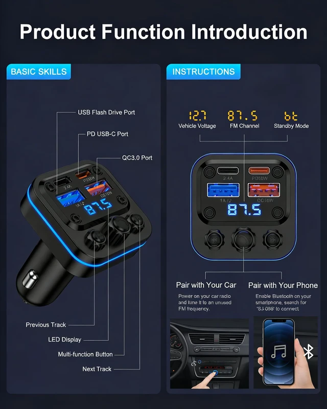 Alt view image 6 of 7 - Bluetooth Fm Transmitter for Car, Fast Charging, Blue Tooth 5.4 Car Charger | USB-C USB-A Multi Ports, Wireless Radio Aux Cigarette Lighter Adapter Auxiliary for Samsung Galaxy Android iPhone Apple