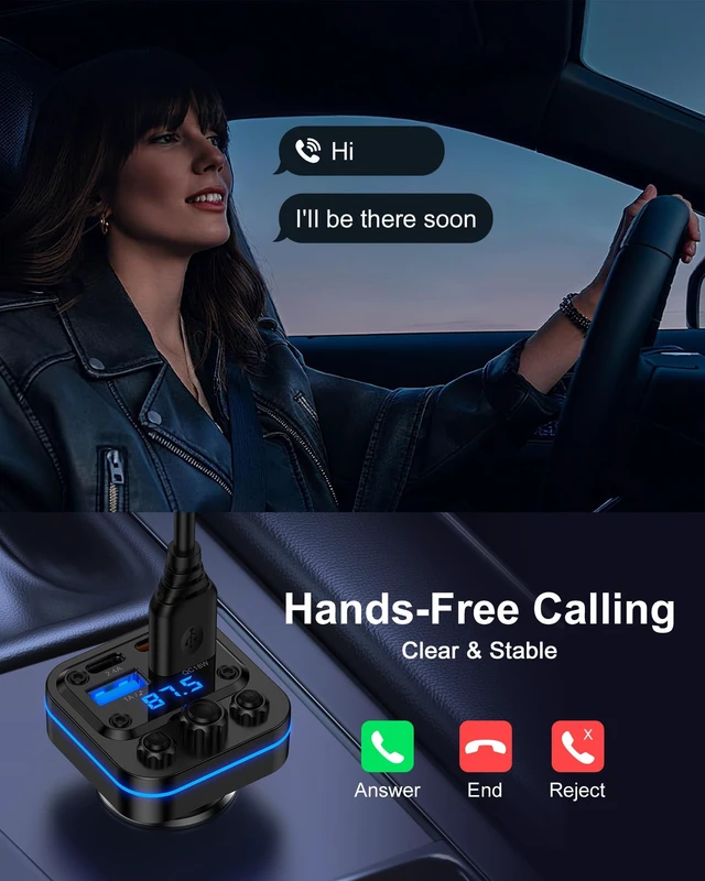 Alt view image 5 of 7 - Bluetooth Fm Transmitter for Car, Fast Charging, Blue Tooth 5.4 Car Charger | USB-C USB-A Multi Ports, Wireless Radio Aux Cigarette Lighter Adapter Auxiliary for Samsung Galaxy Android iPhone Apple