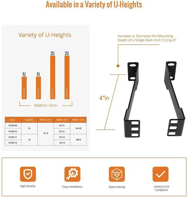 Alt view image 5 of 6 - Server Rack Depth Extender - 1U - 4inch Depth - TAA Compliant - Recessed Rack Adapter - Rack Mount Adapter Kit - Network Rack Extender