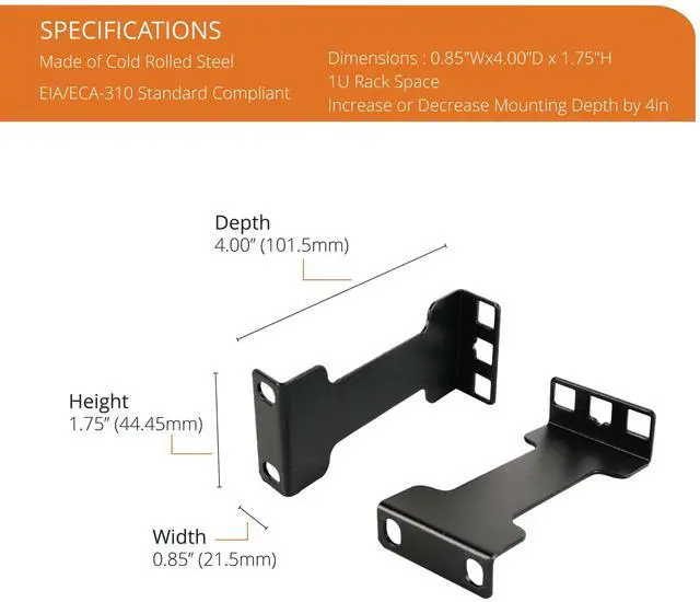 Alt view image 2 of 6 - Server Rack Depth Extender - 1U - 4inch Depth - TAA Compliant - Recessed Rack Adapter - Rack Mount Adapter Kit - Network Rack Extender