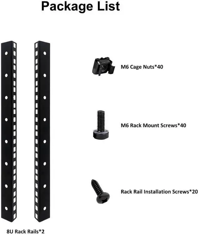 Alt view image 2 of 7 - 8U Rack Rails with M6 Rack Mount Screws and Cage Nuts Set for DIY Server and Network Switch Racks