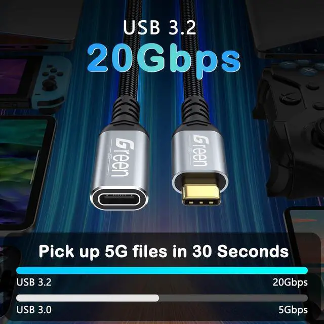 Alt view image 2 of 7 - USB C Extension Cable 3.3ft, 20Gbps/4K@60Hz Video, Heavy Duty USB3.2 Gen2 Extender Male to Female Full Function Ultra-High Speed Transfer USB Type C Extender 240W Fast Charging Cable