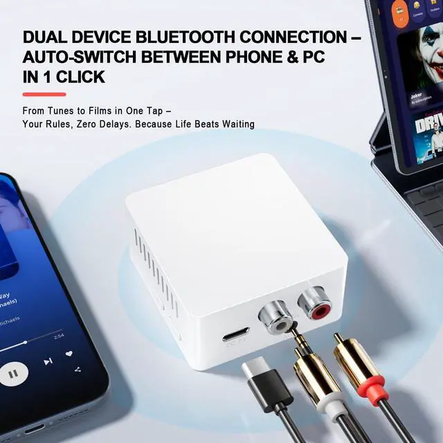 Alt view image 3 of 7 - Bluetooth Receiver for Stereo, RCA & 3.5mm AUX, Wireless HiFi Adapter | Wireless audio receiver home stereo systems speakers. Enjoy HiFi music streaming/low latency/stable connection/easy pairing
