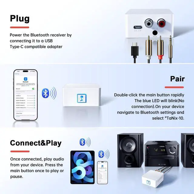 Alt view image 5 of 7 - Bluetooth Receiver for Stereo, RCA & 3.5mm AUX, Wireless HiFi Adapter | Wireless audio receiver home stereo systems speakers. Enjoy HiFi music streaming/low latency/stable connection/easy pairing