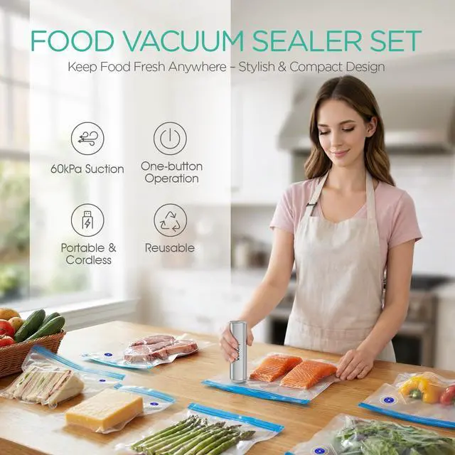 Alt view image 2 of 7 - Handheld Vacuum Sealer, Portable Vacuum Sealer Kit with Vacuum Bags Cordless Automatic Vacuum Pump for Food Preservation Type-C Charging and Long Lasting Food Vacuum (1 Pump+5 Bags)