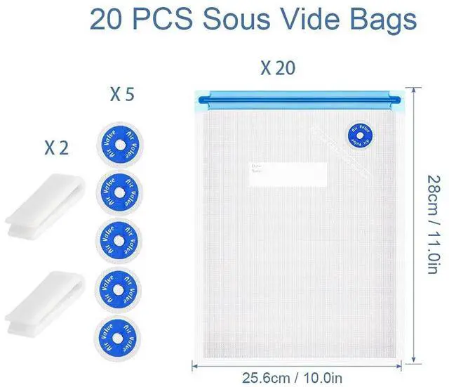 Alt view image 2 of 6 - Sous Vide Bags Reusable 27Pcs, BPA Free Vacuum Sealer Bag, Vacuum Food Storage Bag for Sous Vide Cooking/Microwave Heating - 20Pcs Vacuum Zipper Bags & 2 Seal Clips & 5 Air Valves (11 * 10in) 2.9L