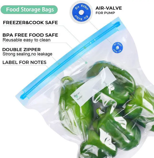 Alt view image 4 of 6 - Sous Vide Bags Reusable 27Pcs, BPA Free Vacuum Sealer Bag, Vacuum Food Storage Bag for Sous Vide Cooking/Microwave Heating - 20Pcs Vacuum Zipper Bags & 2 Seal Clips & 5 Air Valves (11 * 10in) 2.9L